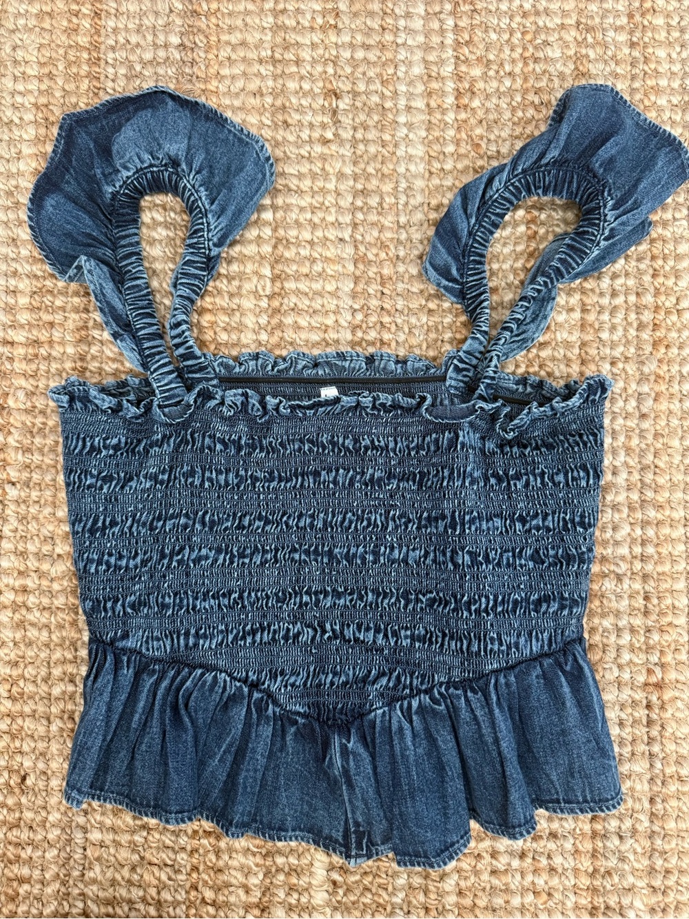 American Eagle Outfitters Dark Blue Smocked Ruffle Denim Camisole